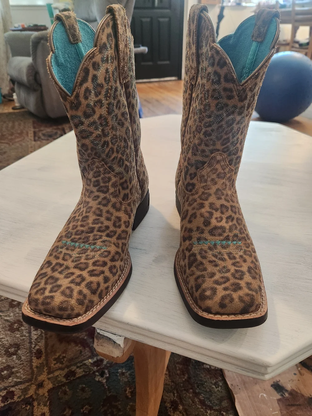 Leopard Print Kid's 2.5 Western Boots with Turquoise Accent
